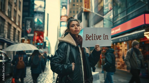 Confident woman walking down city street holding sign with words believe in