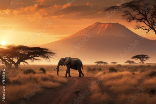 Paisagem da savana africana ao por do sol, hora de ouro, um elefante em primeiro plano e ao fundo o monte Kilimanjaro. Gerado com IA