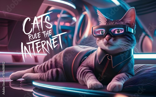 Poster of a technological cat and the phrase Cats Rule The Internet.