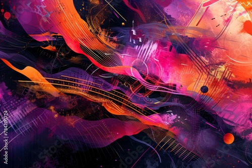 An artistic representation featuring abstract shapes in vibrant purple and orange hues, Abstract illustration of a musical festival in the future, AI Generated