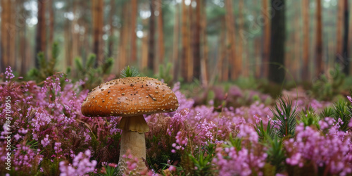 Enchanting Forest Mushroom Amidst Vibrant Purple Heather