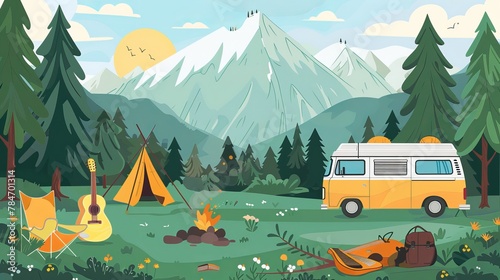 Summer camp in the woods with a campfire, tent, van, backpack, chair, and guitar. The camp is surrounded by mountains and forests. It's a great place for camping, hiking, and other fun activities.