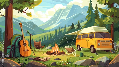 Summer camp in the woods with a campfire, tent, van, backpack, chair, and guitar. The camp is surrounded by mountains and forests. It's a great place for camping, hiking, and other fun activities.