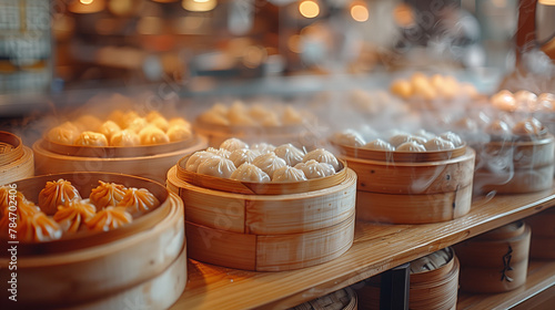 A picturesque scene of yumcha ambiance, with bamboo steamers filled with an assortment of dumplings creating a captivating display-4