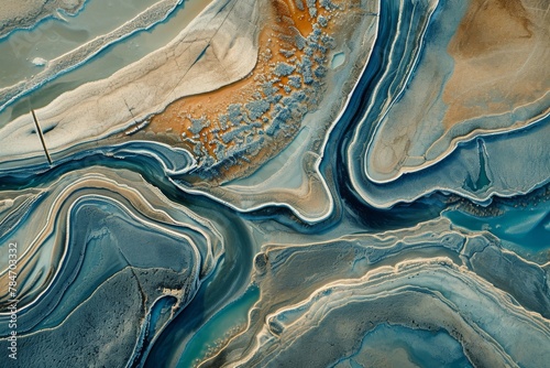 Aerial View of a River and Surrounding Landscape, Abstract patterns formed by salt flats in an aerial photograph, AI Generated