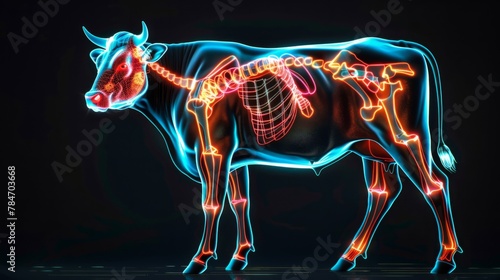 cow with muscles highlighted in neon color, on black background generative ai