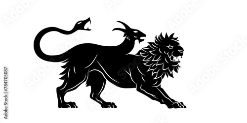 Heraldic chimera. Lion, goat head, snake tail. Symbol, sign, line, icon, silhouette, tattoo. Black stamp. Isolated vector illustration.