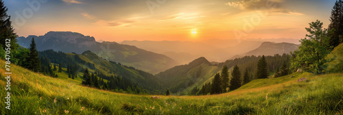 Panoramic Sunset View over Lush Green Mountains, Vibrant Sky, Nature Background 
