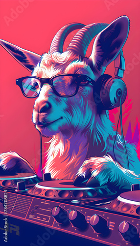 Anthropomorphic billy goat DJ having fun at a trendy club night party for International Music Day