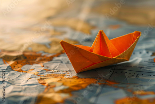 Creative concept of an origami boat adventure, navigating through a sea of dreams on a handcrafted paper map
