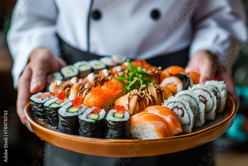 A chef is holding a plate of sushi