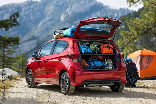 A compact hatchback loaded with camping gear. The car's versatile design and fuel efficiency make it a popular choice for outdoor enthusiasts