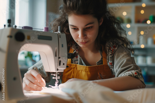 Woman using a modern sewing machine