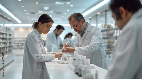 Pharmacist and Assistant Organizing Medication in Modern Pharmacy