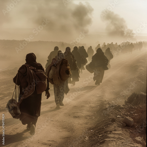 A convoy of weary refugees trudges along a dusty road, their faces etched with exhaustion and fear as they flee the violence and destruction of their homeland