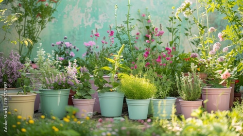 Innovative planters made from recyclables house medicinal herbs in a sustainable garden. Pale green and bubblegum pink pots create a functional and visually appealing landscape.