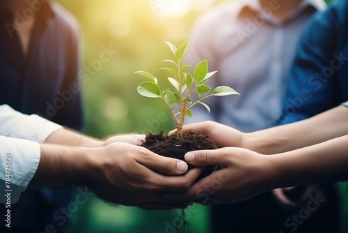 A group of diverse hands holding a small plant together with a blurred background.