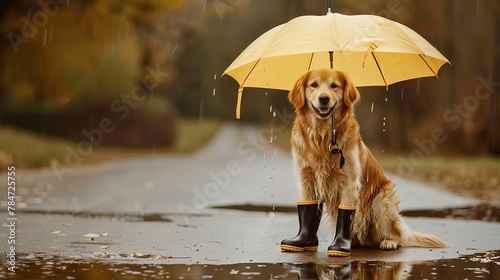 Picture a charming scene where a golden retriever dog, adorned in rain boots, holds an umbrella in its mouth. With a playful and endearing expression