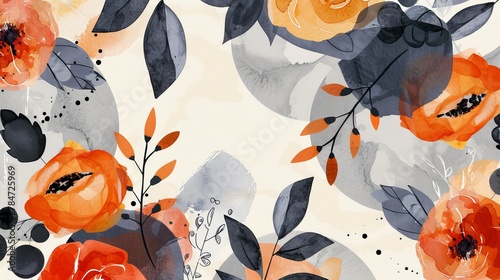  Imagine an abstract floral and geometric seamless pattern, where watercolor flowers and leaves intertwine with circle shapes filled with delicate watercolor hues. 