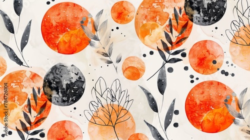  Imagine an abstract floral and geometric seamless pattern, where watercolor flowers and leaves intertwine with circle shapes filled with delicate watercolor hues. 