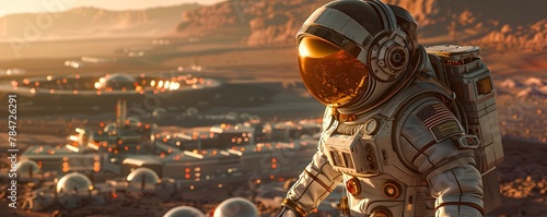 Intrepid Astronaut Stands Amid Futuristic Mars Colony Representing Humanity s and Settlement of Other Planets