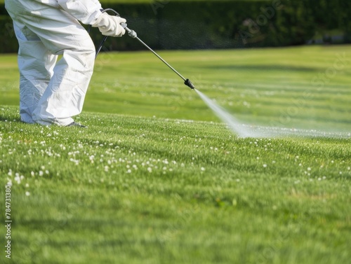 Worker spraying pesticide on a green lawn outdoors for pest control: A close-up view.