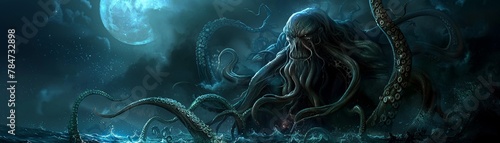 A chilling rendition of Cthulhu in full glory, tentacles intricately detailed, under a moonlit sky, shadows and highlights dramatizing its fearsome visage