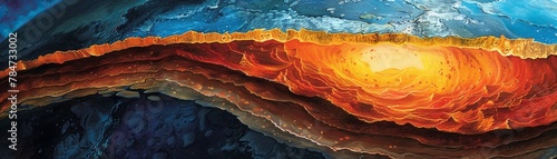 Earths crosssection showing molten core and fiery mantle meeting the crust, educational yet artistic, detailed geological layers