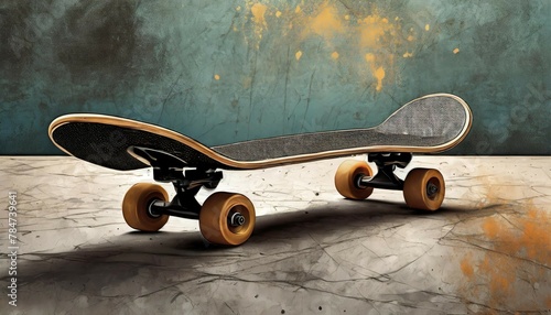 AI-generated illustration of a black skateboard on a textured floor