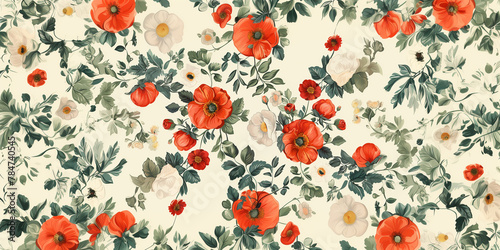 Vintage floral pattern with red poppies and white flowers on a cream background, seamless wallpaper design, watercolour illustration of a beautiful flower pattern in the style of various artists