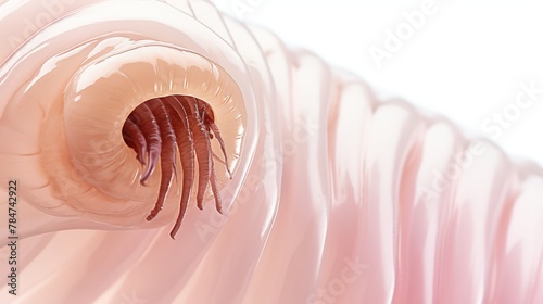 Macro view of a parasitic helminth with sensory tentacles. Intestinal parasite, parasitic worm. White background. Concept of medical research, parasite life cycle, parasitology, and infection