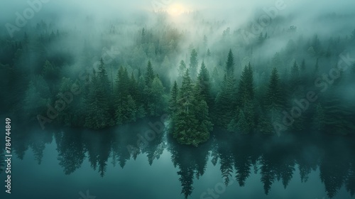 Serene morning fog over a forest lake in Finland, capturing the tranquil beauty of a sunlit landscape
