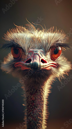 portrait head shot of ostrich on blurred background