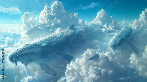 Surreal scene of blue whales soaring above clouds in a dreamlike skyscape