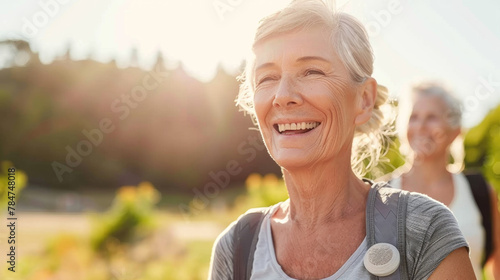 An older woman with a smile on her face leisurely walks through rows of grapevines in a vineyard on a sunny day