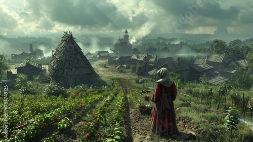 Photorealistic depiction of a medieval peasant woman overlooking a foggy village