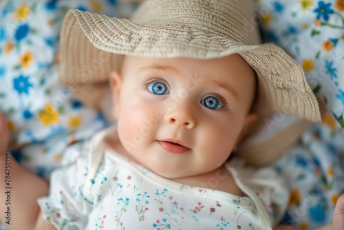 An adorable baby with striking blue eyes wears a cute straw hat and gazes upwards with curiosity