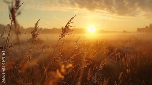 a field with tall grass and the sun setting in the background