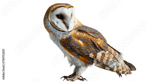 A majestic barn owl standing, showcasing its distinctive heart-shaped face and beautifully mottled brown and white plumage against a grey backdrop.