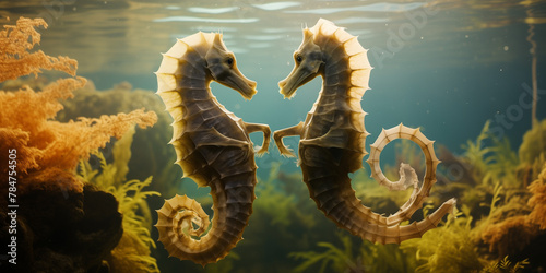 A pair of seahorses engaged in a delicate courtship dance, their tails entwined as they move in perfect harmony. 