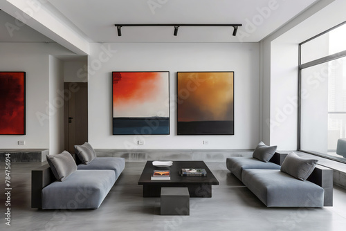 Sophisticated gallery-style living room with vivid abstract paintings. Ideal for showcasing interior design, art galleries, and modern living concepts in upscale publications.
