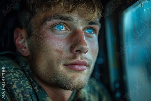 Close-up of a young soldier with striking blue eyes and a contemplative expression