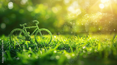 World bicycle day concept International holiday june 3, bicycle with green nature grass background, banner, card, poster with text space