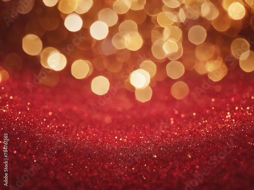 Abstract bokeh banner background with shimmering gold bokeh set against a softly defocused red backdrop. 