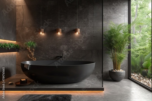Bathroom interior design with matte black bath and modern shower.