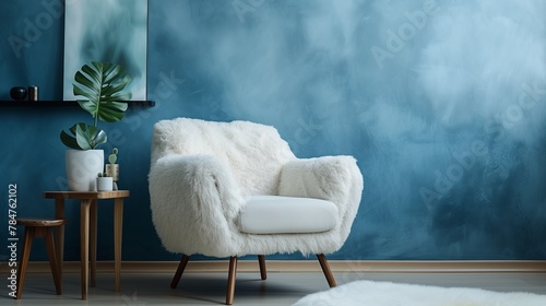 elegant living room interior design with fluffy armchair and modern home accessories. Blue wall