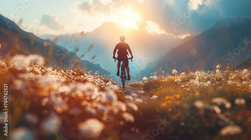 World bicycle day concept International holiday june 3, bicycle rider on mountains background, banner, card, poster with text space