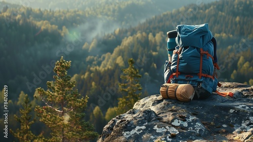Close-up of a hiking backpack and gear equipment arranged on a rocky outcrop overlooking the forest below