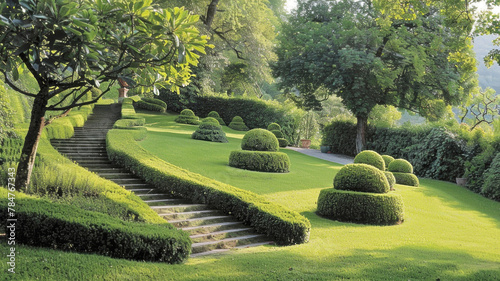elegant and manicured garden with artistically trimmed hedges along a grassy slope