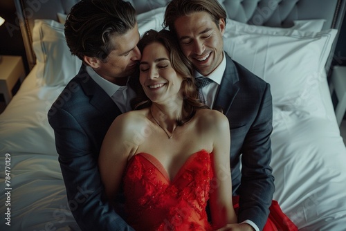 The concept of a threesome. A woman and two men in love. Two men in suits and a woman in a red dress in the same bed. Polygamy or bigamy.